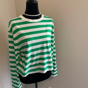 Green and white fun long sleeve cotton T-shirt